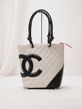 Authentic Chanel Cambon Ligne Tote Bag Black White Quilted Leather Large CC Logo